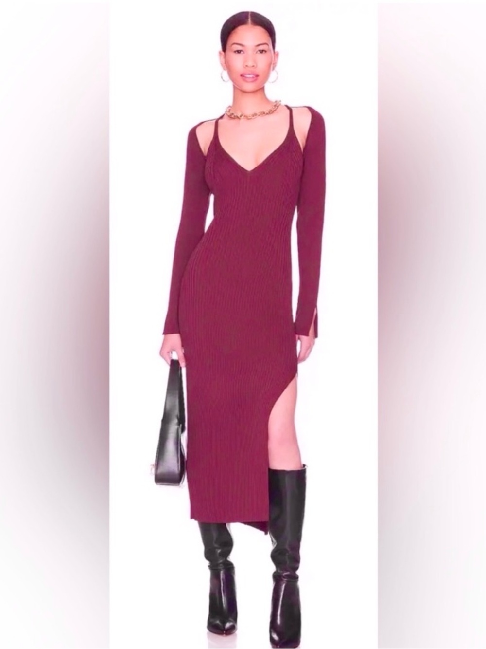 House of Harlow raspberry plunge cutout rib side slit sweater dress size Small